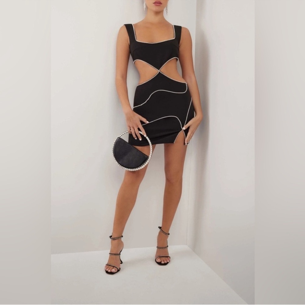 Heiress By Beverly Hills Black Crepe Diamanté Swirl Cutout Mini Dress - Size XXL